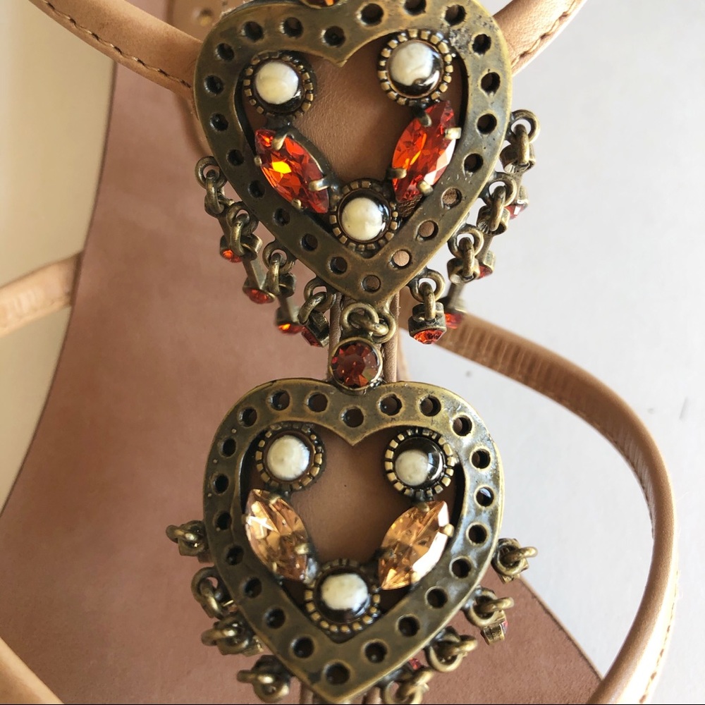 NEW Baldan Italian Tan Leather Heart Rhinestone Embellished Flat Sandals 38.5 - Picture 3 of 10